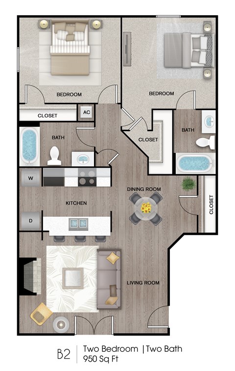 A floor plan of a two bedroom, two bathroom apartment.